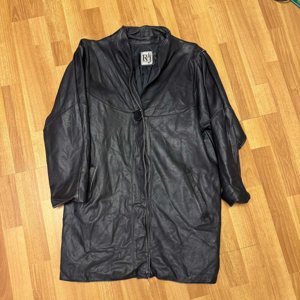 Women's Vintage 90's R & J Clothing Co. Black Leather Mid Trench Coat Jacket M/L
